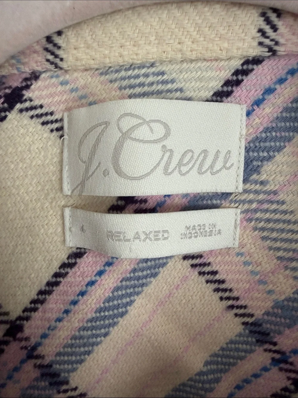 J. Crew Cream Plaid Button-Up Shirt Jacket with Pink and Blue Checks